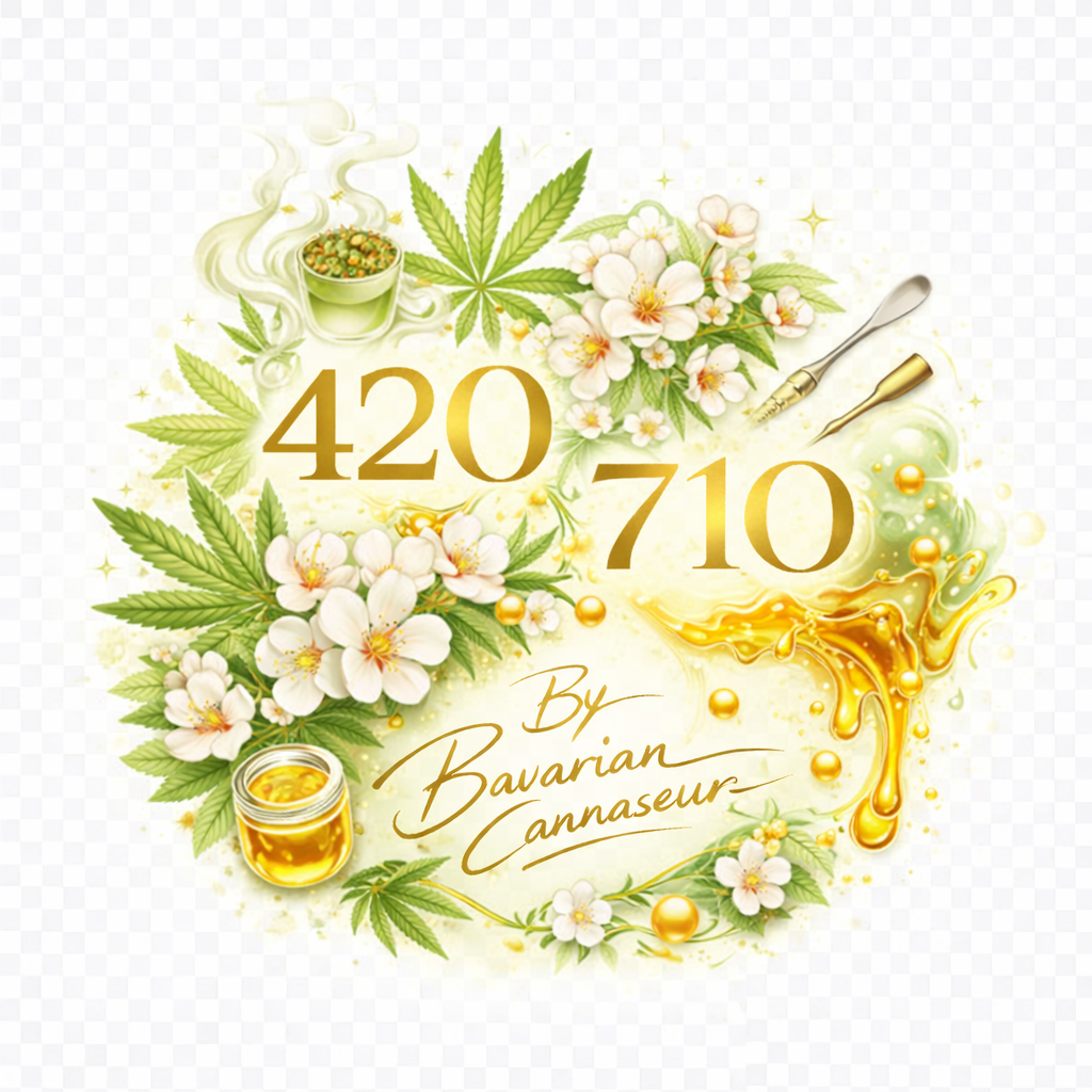 420 × 710 Cannabis Design mit Hanfblättern, Blüten, goldenen Extrakten und Dab-Tools im botanischen Stil von Bavarian Cannaseur