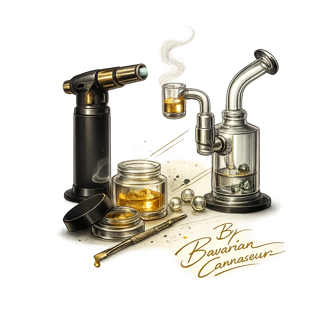 Detailreiches 710 Dab Setup mit Glas-Rig, Banger, Torch, Dab-Tool und goldenem Concentrat von Bavarian Cannaseur