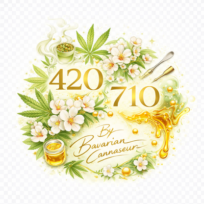 420 × 710 Cannabis Design mit Hanfblättern, Blüten, goldenen Extrakten und Dab-Tools im botanischen Stil von Bavarian Cannaseur