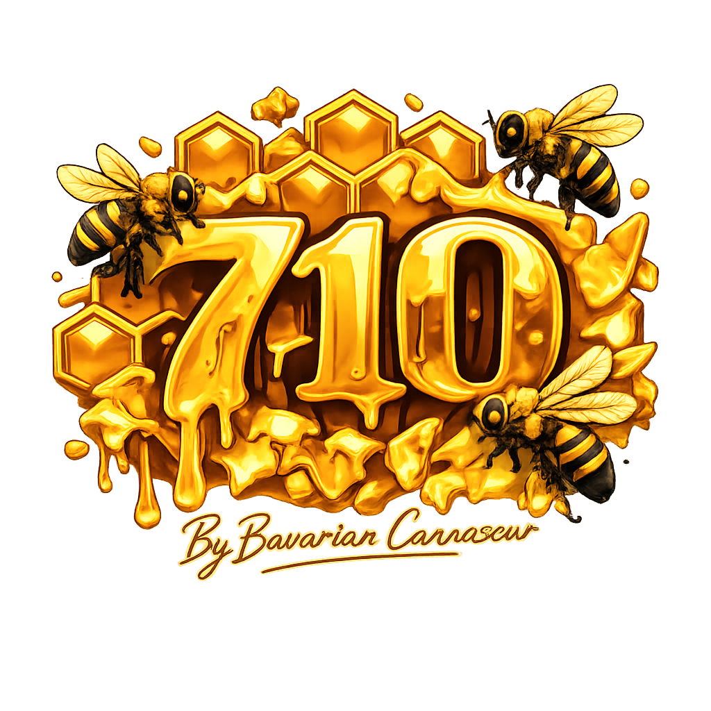 Goldenes 710 Honey Design mit tropfendem Honig, Bienen und Waben im Premium-Stil von Bavarian Cannaseu