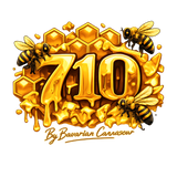 Goldenes 710 Honey Design mit tropfendem Honig, Bienen und Waben im Premium-Stil von Bavarian Cannaseu