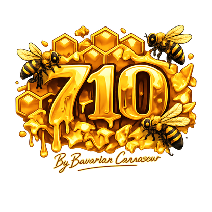 Goldenes 710 Honey Design mit tropfendem Honig, Bienen und Waben im Premium-Stil von Bavarian Cannaseu