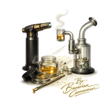 Detailreiches 710 Dab Setup mit Glas-Rig, Banger, Torch, Dab-Tool und goldenem Concentrat von Bavarian Cannaseur