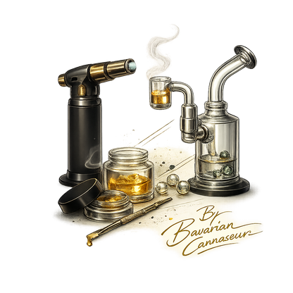 Detailreiches 710 Dab Setup mit Glas-Rig, Banger, Torch, Dab-Tool und goldenem Concentrat von Bavarian Cannaseur