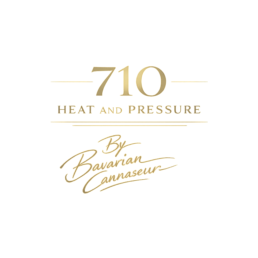 Minimalistisches 710 Heat & Pressure Design in goldener Typografie auf schwarzem Hintergrund von Bavarian Cannaseur