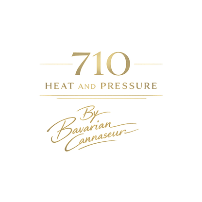 Minimalistisches 710 Heat & Pressure Design in goldener Typografie auf schwarzem Hintergrund von Bavarian Cannaseur