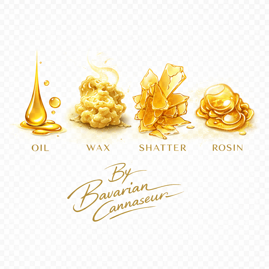 710 Extract Types Design mit Oil, Wax, Shatter und Rosin in goldener Darstellung von Bavarian Cannaseur