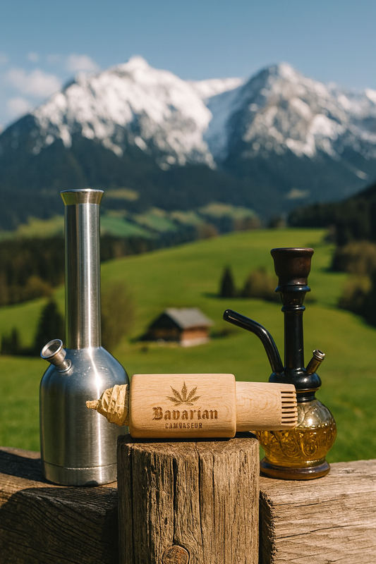 Ein alpiner Hintergrund mit Bergen Wiesen und kleinen Häusern, auf einen Zaunpfahl liegt mittig der Aktivkohlefilter auf dem Filter wurde das Logo von Bavarian Cannaseur eingelasert für Bong oder Shisha aus Buchenholz links davon eine Bong und rechts davon eine Shisha!